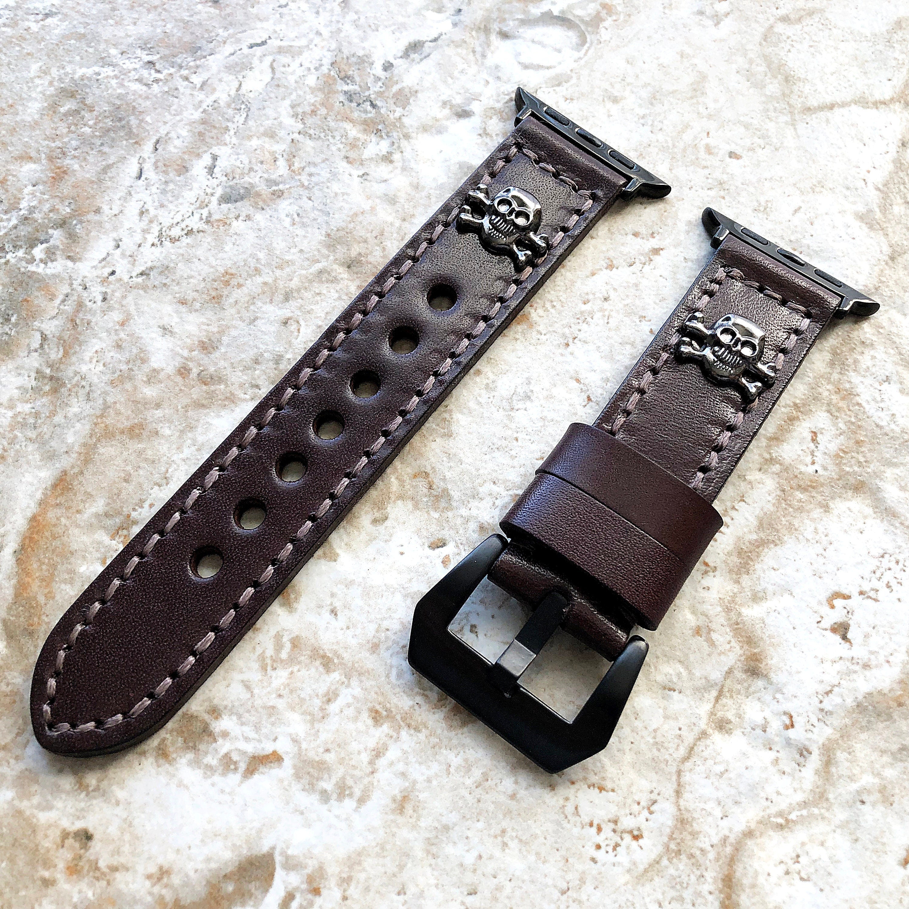Apple Watch Band Brown Leather Metal Rivets Skull Crossbones for Ultra 2 and 9 8 Series iWatch 41mm 45mm 49mm Handmade Bracelet Strap BL